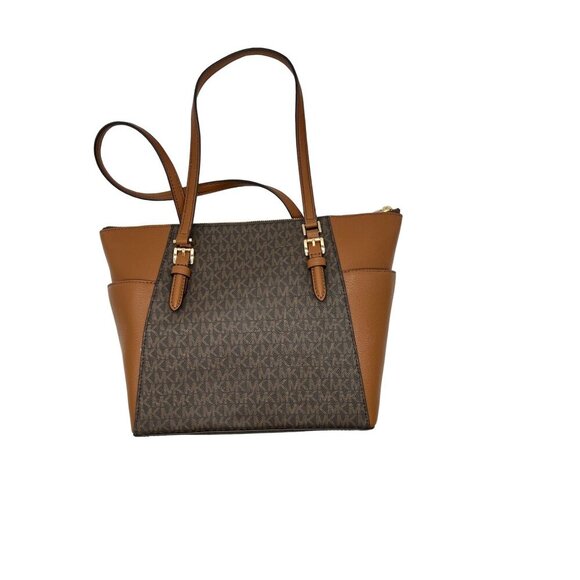 MICHAEL KORS Charlotte Large MK Signature Leather Top-Zip Tote Brown - Picture 12 of 13